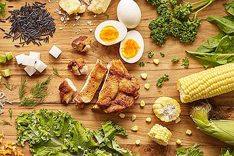 Various foods spread out on table